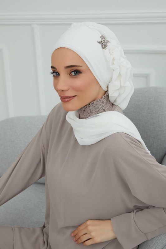Yandan Fırfırlı Gümüş Aksesuarlı Şifon Hazır Türban,HT-106,HT-106 Kırık Beyaz - 7