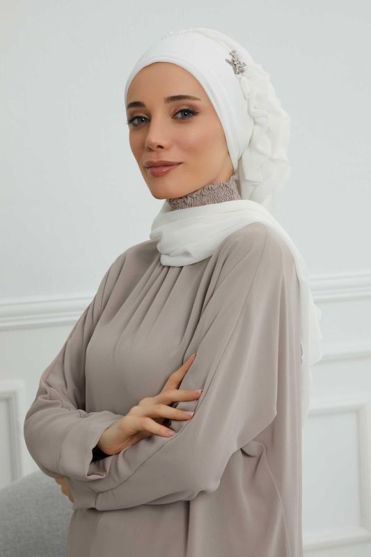 Yandan Fırfırlı Gümüş Aksesuarlı Şifon Hazır Türban,HT-106,HT-106 Kırık Beyaz - 8
