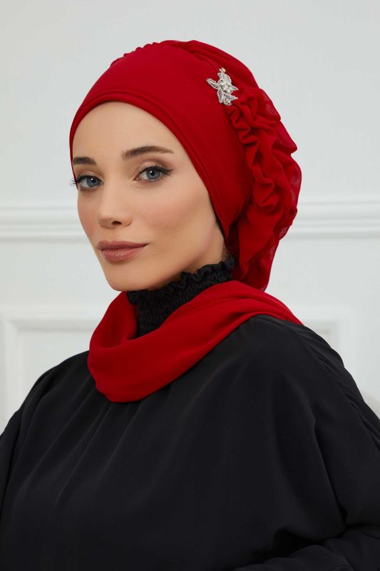 Yandan Fırfırlı Gümüş Aksesuarlı Şifon Hazır Türban,HT-106,HT-106 Kırmızı - 1