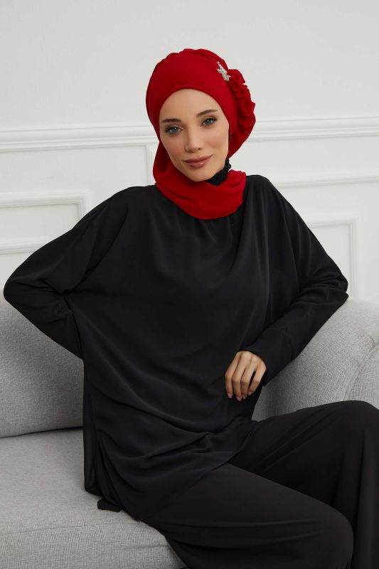 Yandan Fırfırlı Gümüş Aksesuarlı Şifon Hazır Türban,HT-106,HT-106 Kırmızı - 2