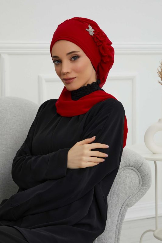 Yandan Fırfırlı Gümüş Aksesuarlı Şifon Hazır Türban,HT-106,HT-106 Kırmızı - 3