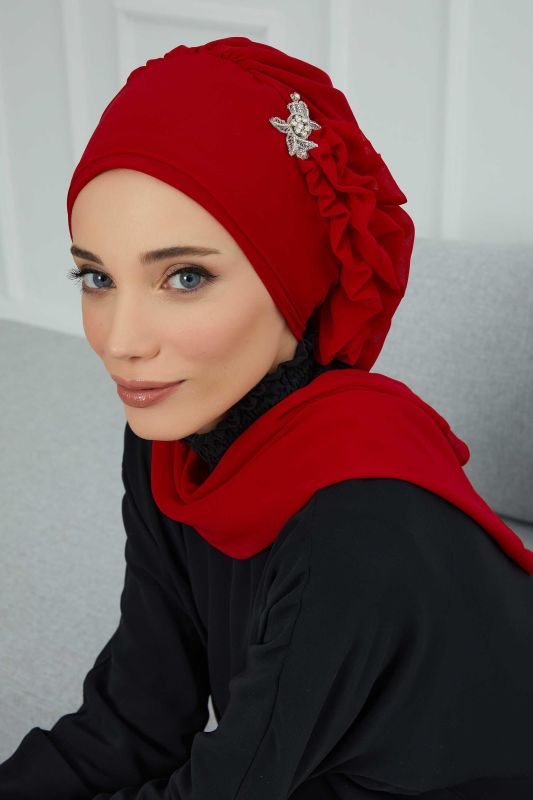 Yandan Fırfırlı Gümüş Aksesuarlı Şifon Hazır Türban,HT-106,HT-106 Kırmızı - 5
