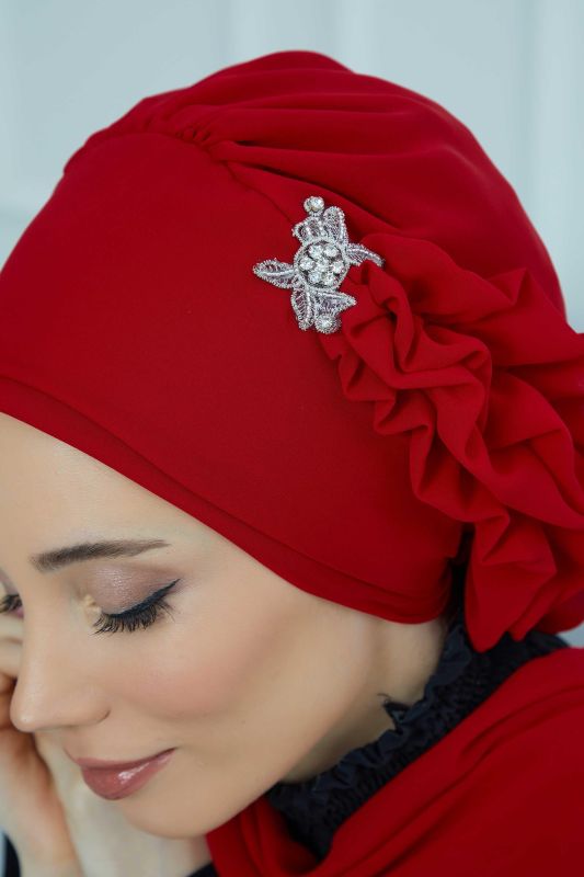 Yandan Fırfırlı Gümüş Aksesuarlı Şifon Hazır Türban,HT-106,HT-106 Kırmızı - 6