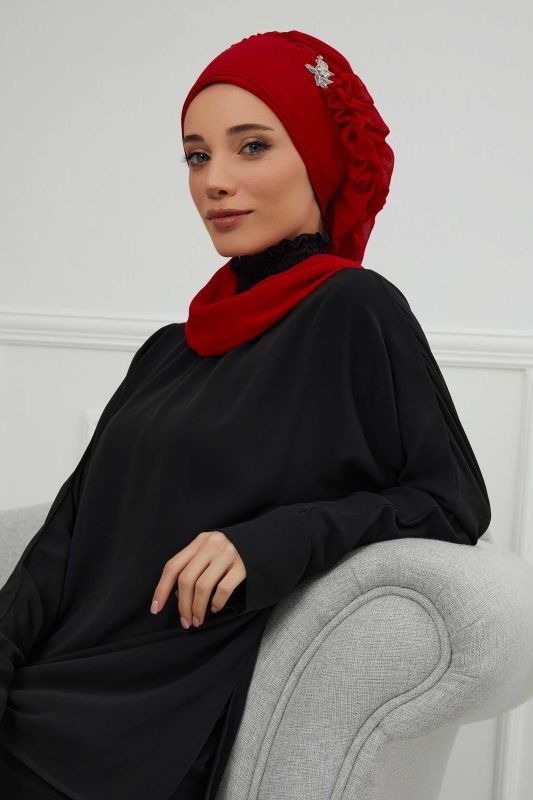 Yandan Fırfırlı Gümüş Aksesuarlı Şifon Hazır Türban,HT-106,HT-106 Kırmızı - 8