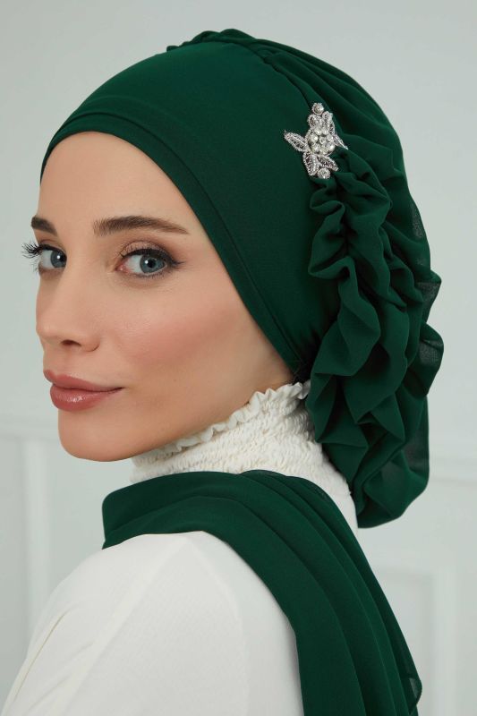 Yandan Fırfırlı Gümüş Aksesuarlı Şifon Hazır Türban,HT-106,HT-106 Koyu Yeşil - 4