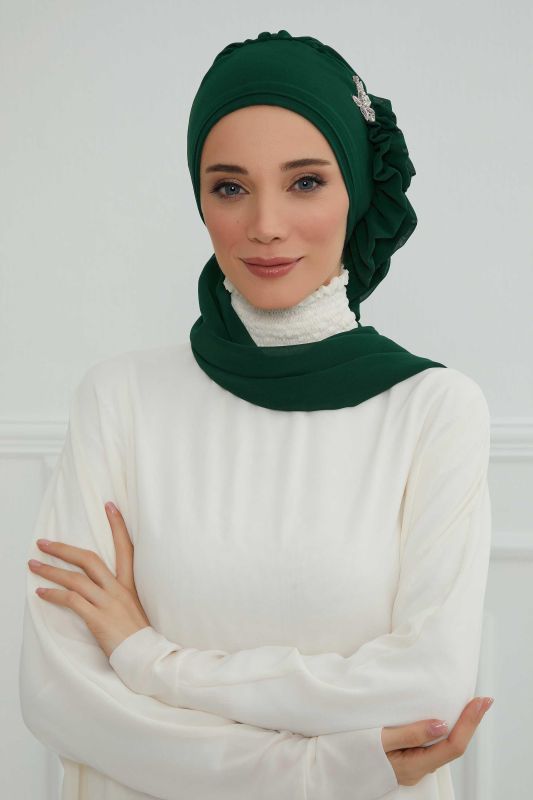 Yandan Fırfırlı Gümüş Aksesuarlı Şifon Hazır Türban,HT-106,HT-106 Koyu Yeşil - 7