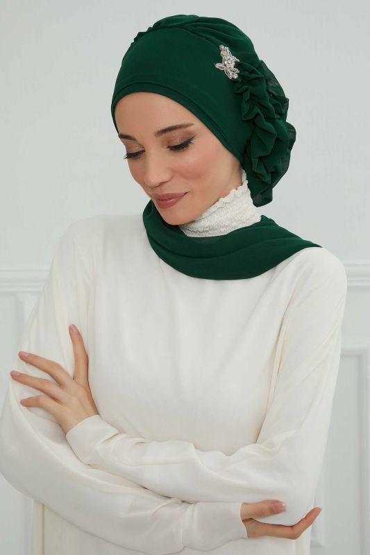 Yandan Fırfırlı Gümüş Aksesuarlı Şifon Hazır Türban,HT-106,HT-106 Koyu Yeşil - 8
