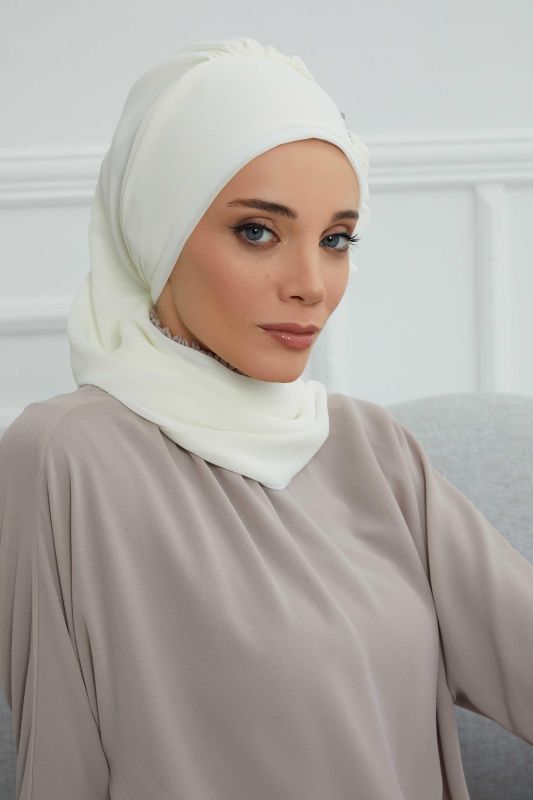 Yandan Fırfırlı Gümüş Aksesuarlı Şifon Hazır Türban,HT-106,HT-106 Krem - 5
