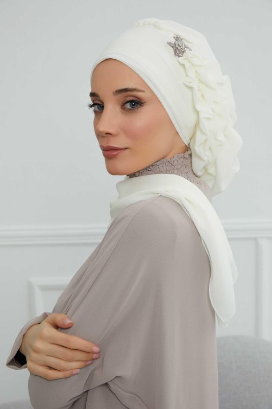 Yandan Fırfırlı Gümüş Aksesuarlı Şifon Hazır Türban,HT-106,HT-106 Krem - 6