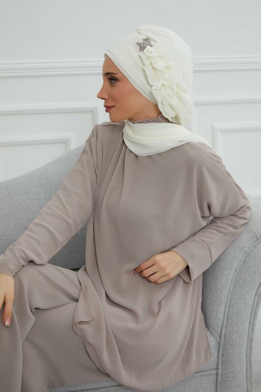 Yandan Fırfırlı Gümüş Aksesuarlı Şifon Hazır Türban,HT-106,HT-106 Krem - 8