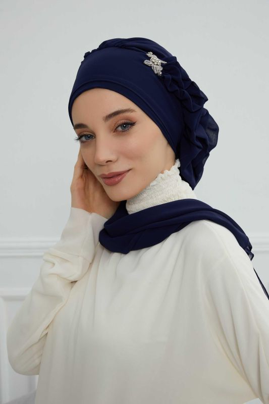 Yandan Fırfırlı Gümüş Aksesuarlı Şifon Hazır Türban,HT-106,HT-106 Lacivert - 1