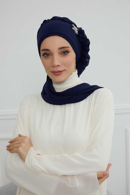 Yandan Fırfırlı Gümüş Aksesuarlı Şifon Hazır Türban,HT-106,HT-106 Lacivert - 2