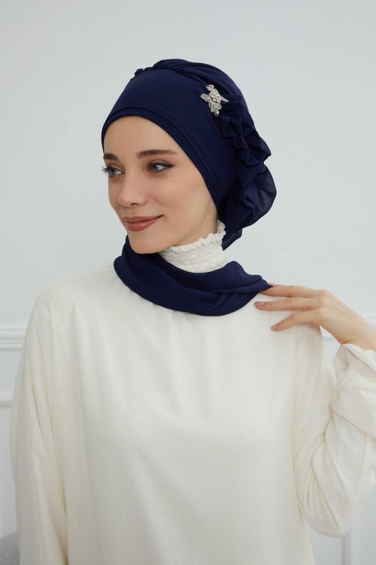 Yandan Fırfırlı Gümüş Aksesuarlı Şifon Hazır Türban,HT-106,HT-106 Lacivert - 3