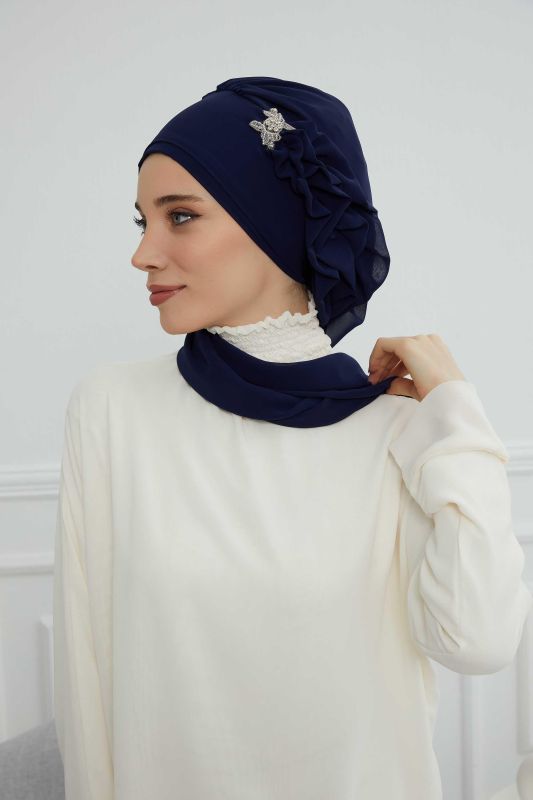 Yandan Fırfırlı Gümüş Aksesuarlı Şifon Hazır Türban,HT-106,HT-106 Lacivert - 4