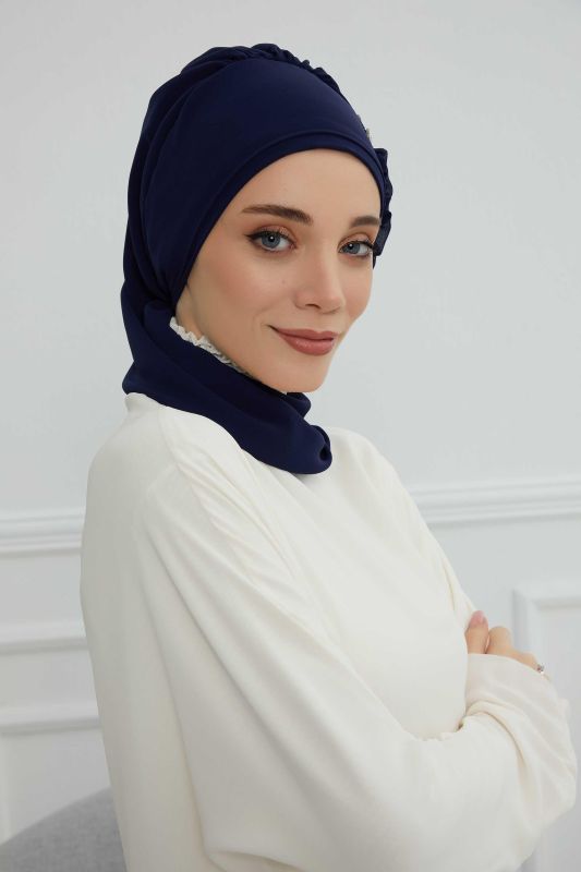 Yandan Fırfırlı Gümüş Aksesuarlı Şifon Hazır Türban,HT-106,HT-106 Lacivert - 6