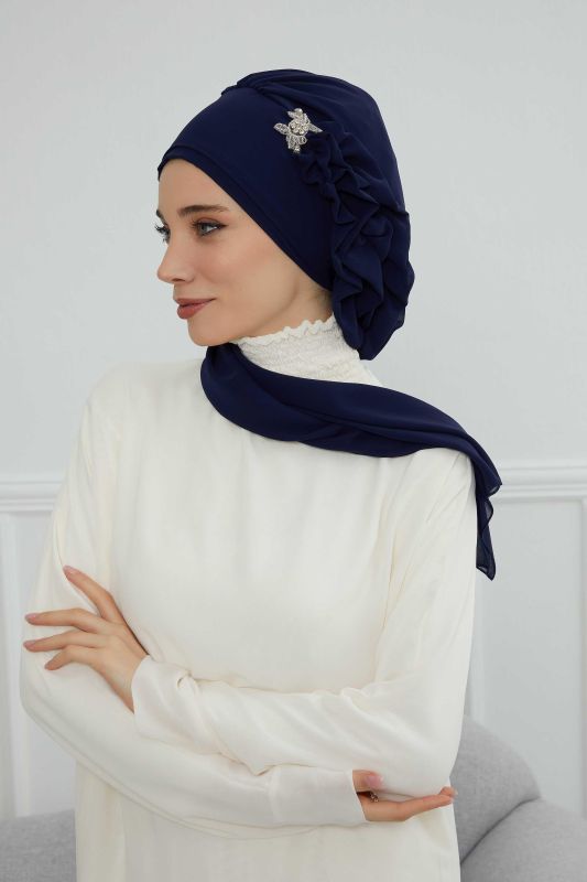 Yandan Fırfırlı Gümüş Aksesuarlı Şifon Hazır Türban,HT-106,HT-106 Lacivert - 7