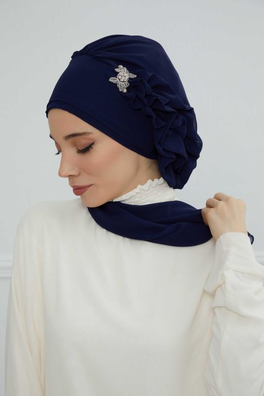 Yandan Fırfırlı Gümüş Aksesuarlı Şifon Hazır Türban,HT-106,HT-106 Lacivert - 8