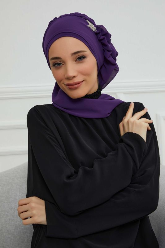 Yandan Fırfırlı Gümüş Aksesuarlı Şifon Hazır Türban,HT-106,HT-106 Mor - 1