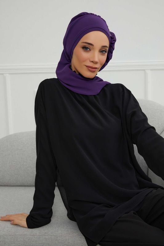 Yandan Fırfırlı Gümüş Aksesuarlı Şifon Hazır Türban,HT-106,HT-106 Mor - 3