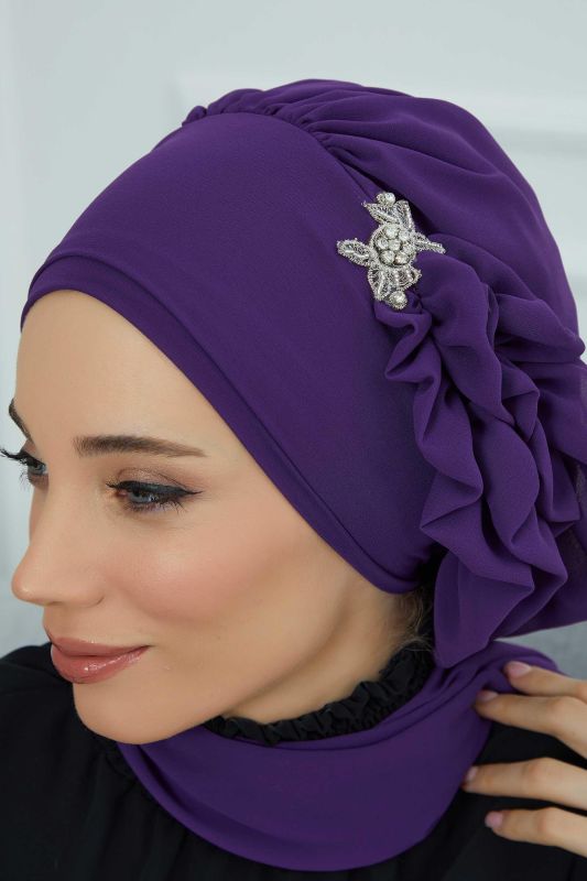 Yandan Fırfırlı Gümüş Aksesuarlı Şifon Hazır Türban,HT-106,HT-106 Mor - 4