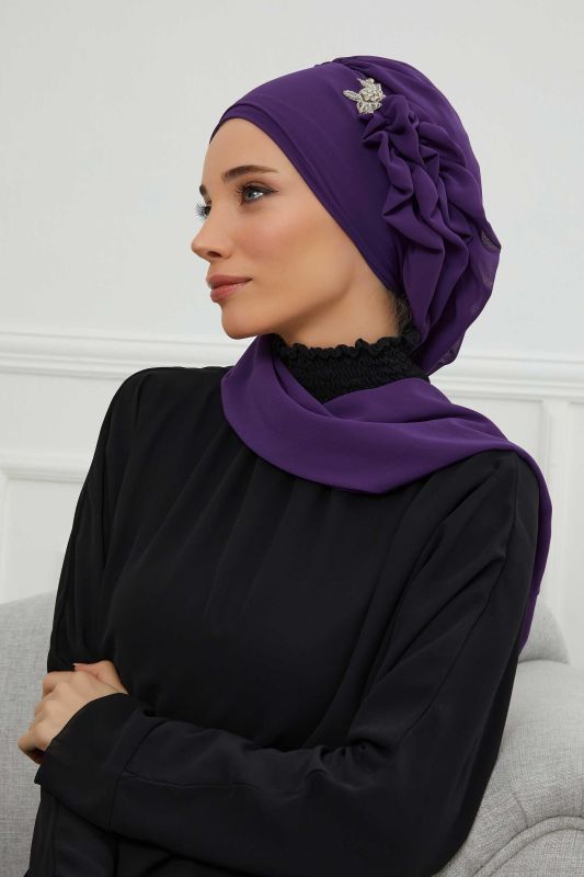 Yandan Fırfırlı Gümüş Aksesuarlı Şifon Hazır Türban,HT-106,HT-106 Mor - 5