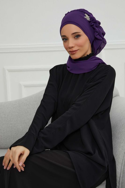 Yandan Fırfırlı Gümüş Aksesuarlı Şifon Hazır Türban,HT-106,HT-106 Mor - 6