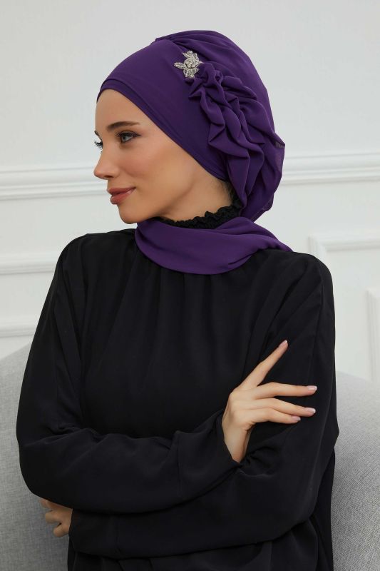 Yandan Fırfırlı Gümüş Aksesuarlı Şifon Hazır Türban,HT-106,HT-106 Mor - 7