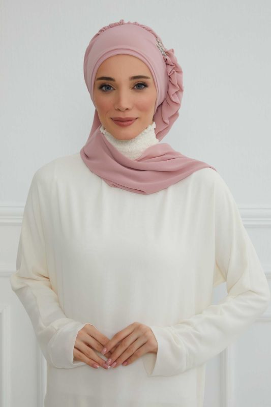 Yandan Fırfırlı Gümüş Aksesuarlı Şifon Hazır Türban,HT-106,HT-106 Pudra - 1