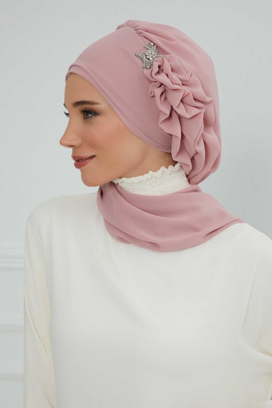 Yandan Fırfırlı Gümüş Aksesuarlı Şifon Hazır Türban,HT-106,HT-106 Pudra - 2