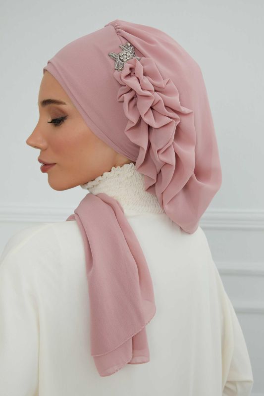 Yandan Fırfırlı Gümüş Aksesuarlı Şifon Hazır Türban,HT-106,HT-106 Pudra - 4