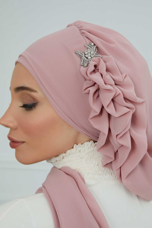 Yandan Fırfırlı Gümüş Aksesuarlı Şifon Hazır Türban,HT-106,HT-106 Pudra - 5