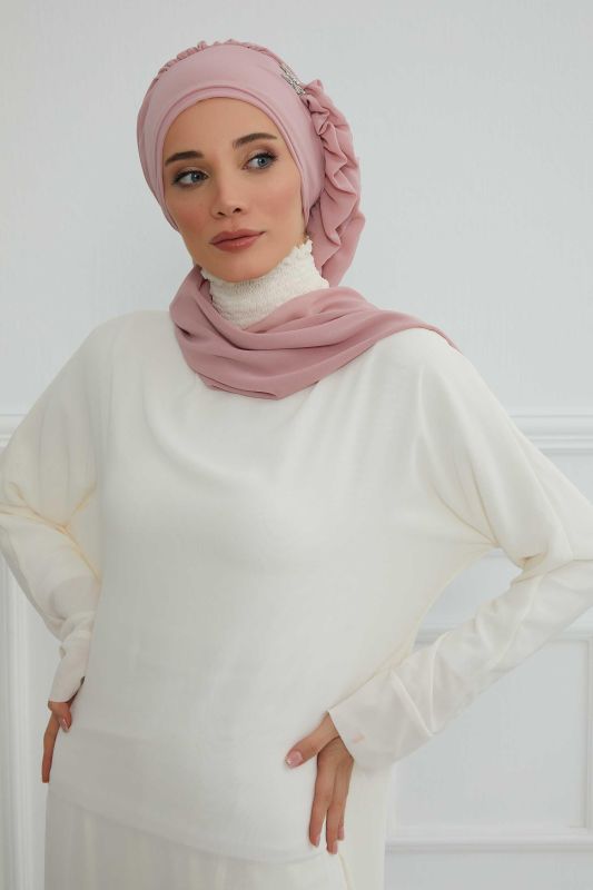 Yandan Fırfırlı Gümüş Aksesuarlı Şifon Hazır Türban,HT-106,HT-106 Pudra - 6