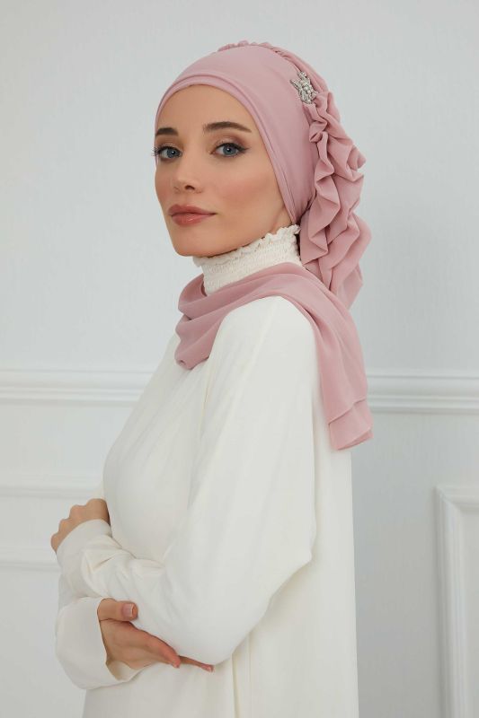 Yandan Fırfırlı Gümüş Aksesuarlı Şifon Hazır Türban,HT-106,HT-106 Pudra - 7