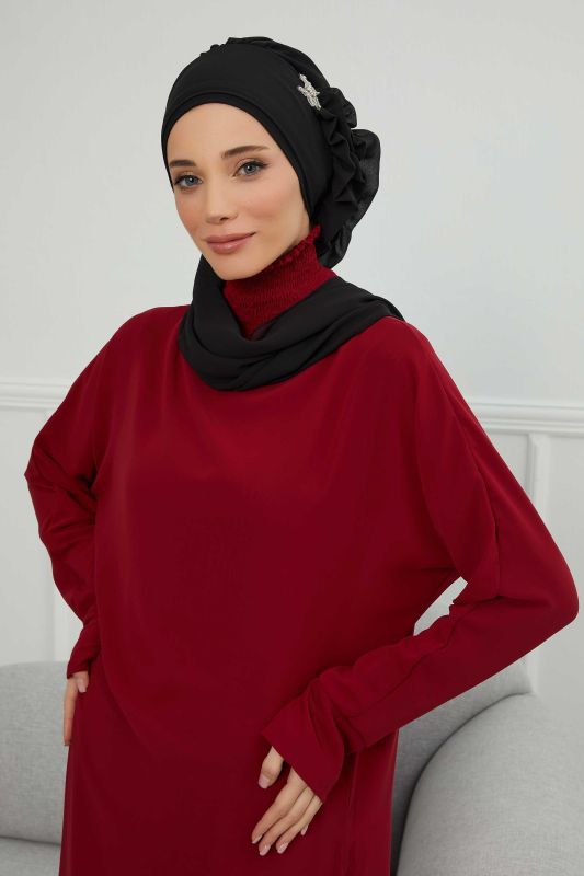 Yandan Fırfırlı Gümüş Aksesuarlı Şifon Hazır Türban,HT-106,HT-106 Siyah - 1