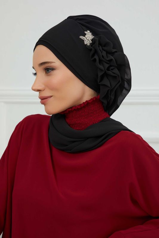Yandan Fırfırlı Gümüş Aksesuarlı Şifon Hazır Türban,HT-106,HT-106 Siyah - 2