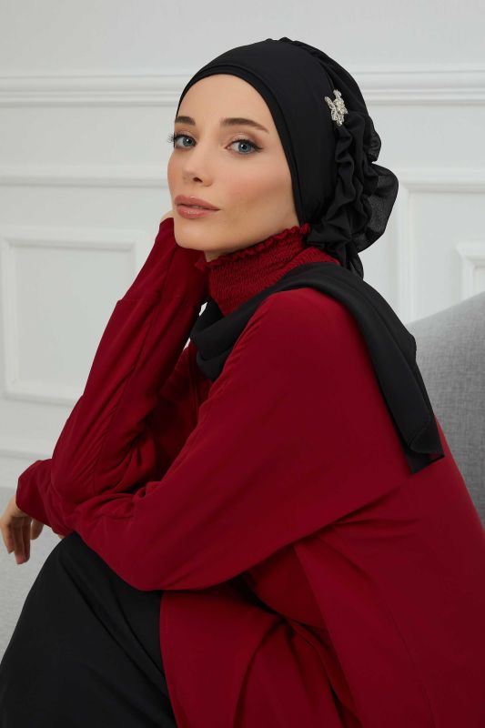 Yandan Fırfırlı Gümüş Aksesuarlı Şifon Hazır Türban,HT-106,HT-106 Siyah - 3