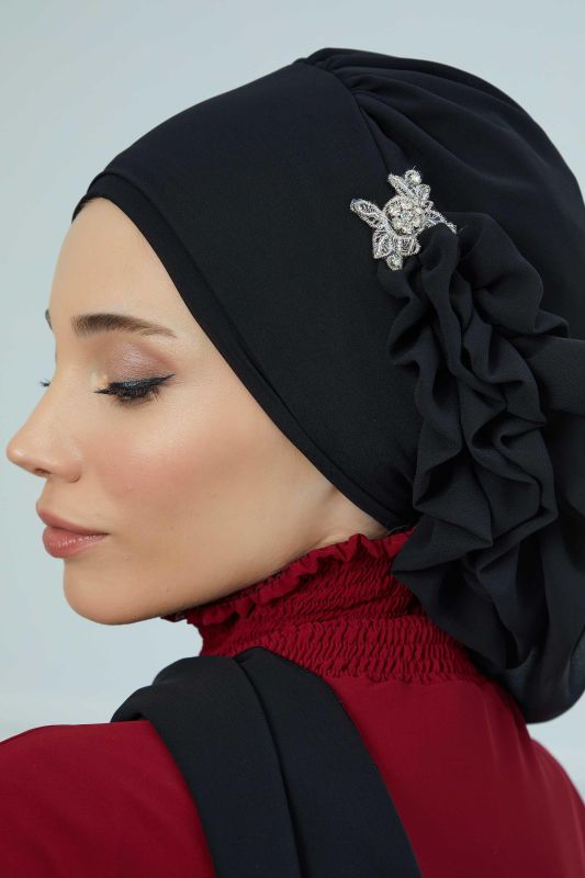 Yandan Fırfırlı Gümüş Aksesuarlı Şifon Hazır Türban,HT-106,HT-106 Siyah - 5