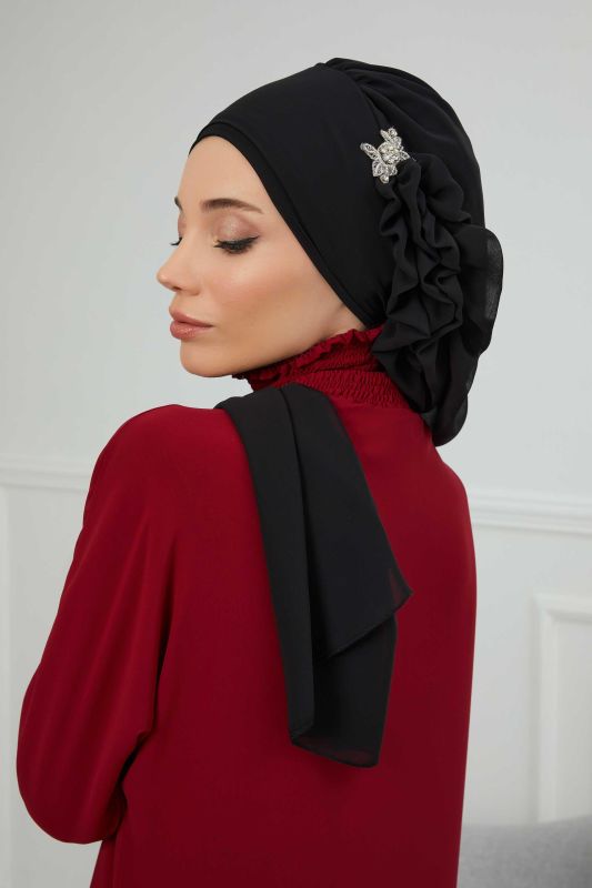 Yandan Fırfırlı Gümüş Aksesuarlı Şifon Hazır Türban,HT-106,HT-106 Siyah - 6