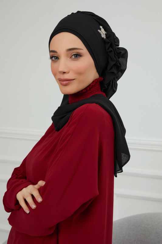 Yandan Fırfırlı Gümüş Aksesuarlı Şifon Hazır Türban,HT-106,HT-106 Siyah - 7