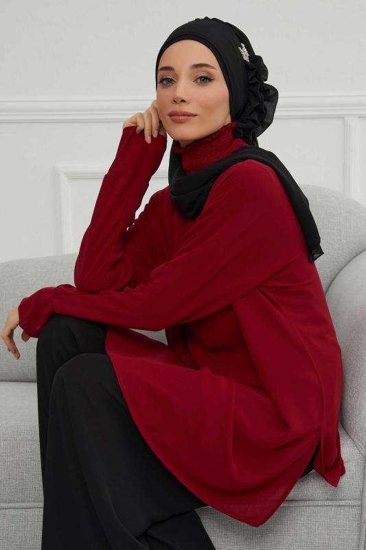 Yandan Fırfırlı Gümüş Aksesuarlı Şifon Hazır Türban,HT-106,HT-106 Siyah - 8