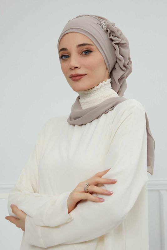 Yandan Fırfırlı Gümüş Aksesuarlı Şifon Hazır Türban,HT-106,HT-106 Vizon - 1