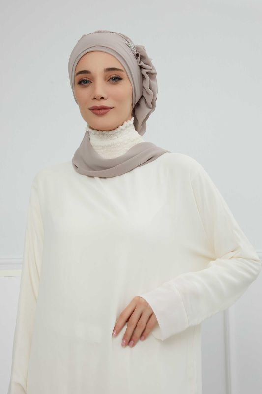 Yandan Fırfırlı Gümüş Aksesuarlı Şifon Hazır Türban,HT-106,HT-106 Vizon - 2