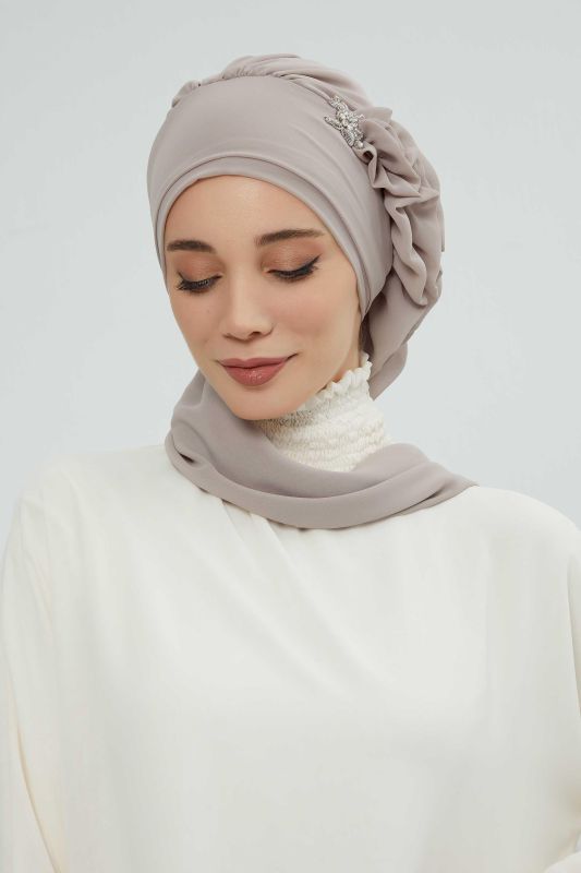 Yandan Fırfırlı Gümüş Aksesuarlı Şifon Hazır Türban,HT-106,HT-106 Vizon - 3