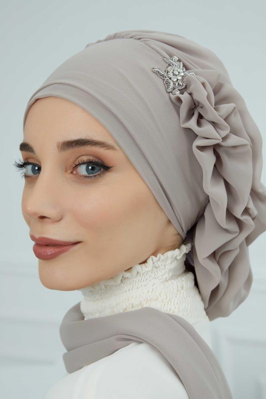Yandan Fırfırlı Gümüş Aksesuarlı Şifon Hazır Türban,HT-106,HT-106 Vizon - 4