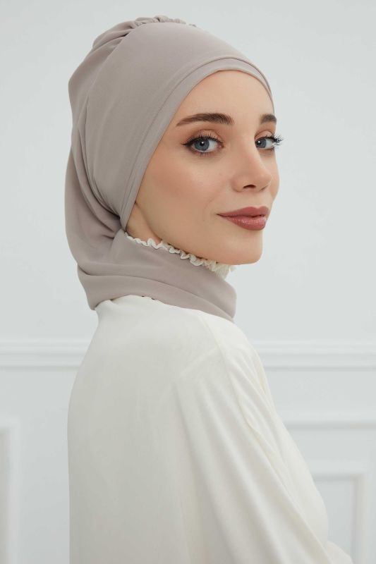 Yandan Fırfırlı Gümüş Aksesuarlı Şifon Hazır Türban,HT-106,HT-106 Vizon - 6