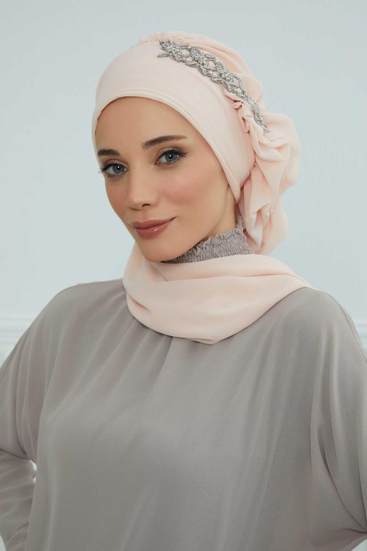 Yandan Fırfırlı Taş Aksesuarlı Şifon Hazır Türban,HT-100,HT-100 Bej - 1