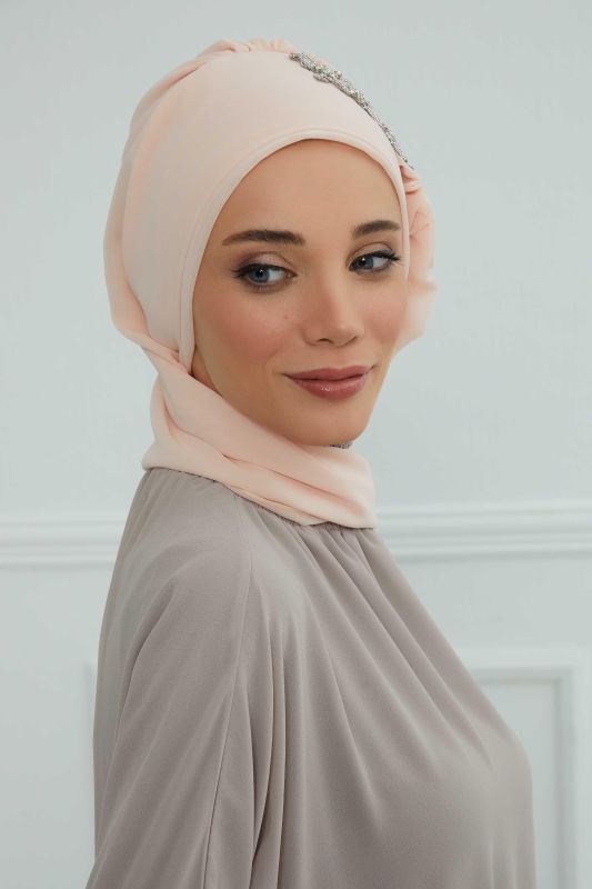Yandan Fırfırlı Taş Aksesuarlı Şifon Hazır Türban,HT-100,HT-100 Bej - 4