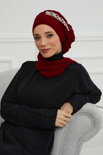 Moda Çizgi - Yandan Fırfırlı Taş Aksesuarlı Şifon Hazır Türban,HT-100,HT-100 Bordo