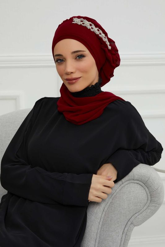 Yandan Fırfırlı Taş Aksesuarlı Şifon Hazır Türban,HT-100,HT-100 Bordo - 1