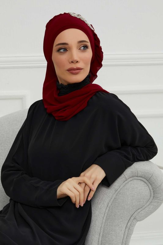 Yandan Fırfırlı Taş Aksesuarlı Şifon Hazır Türban,HT-100,HT-100 Bordo - 2